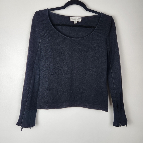 St. John Evening Black Size 4 Santana Knit Top Zipper Sleeves Crystal - Picture 1 of 7